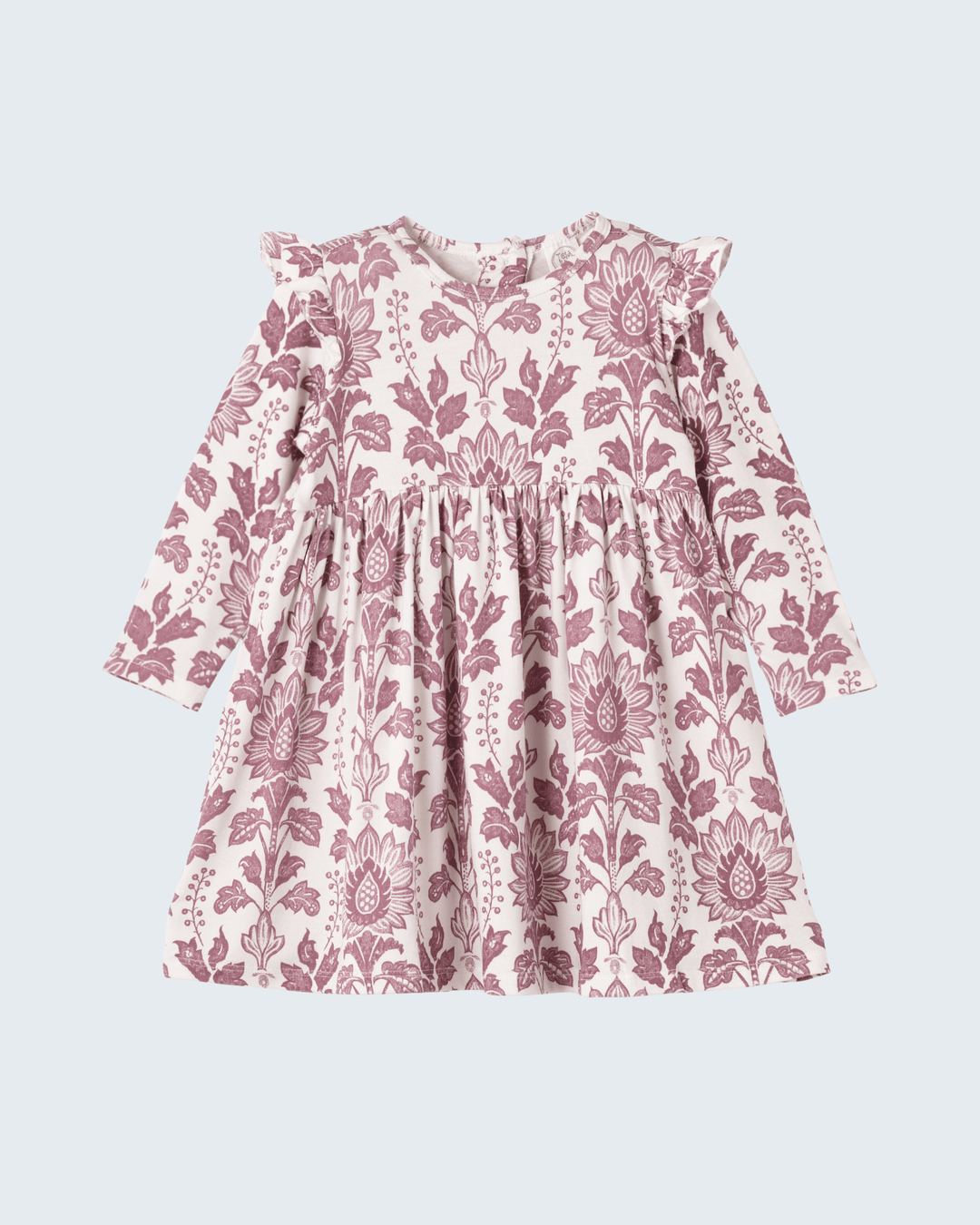 Floral tapestry twirl dress with long sleeves, ruffled neckline, and gathered skirt