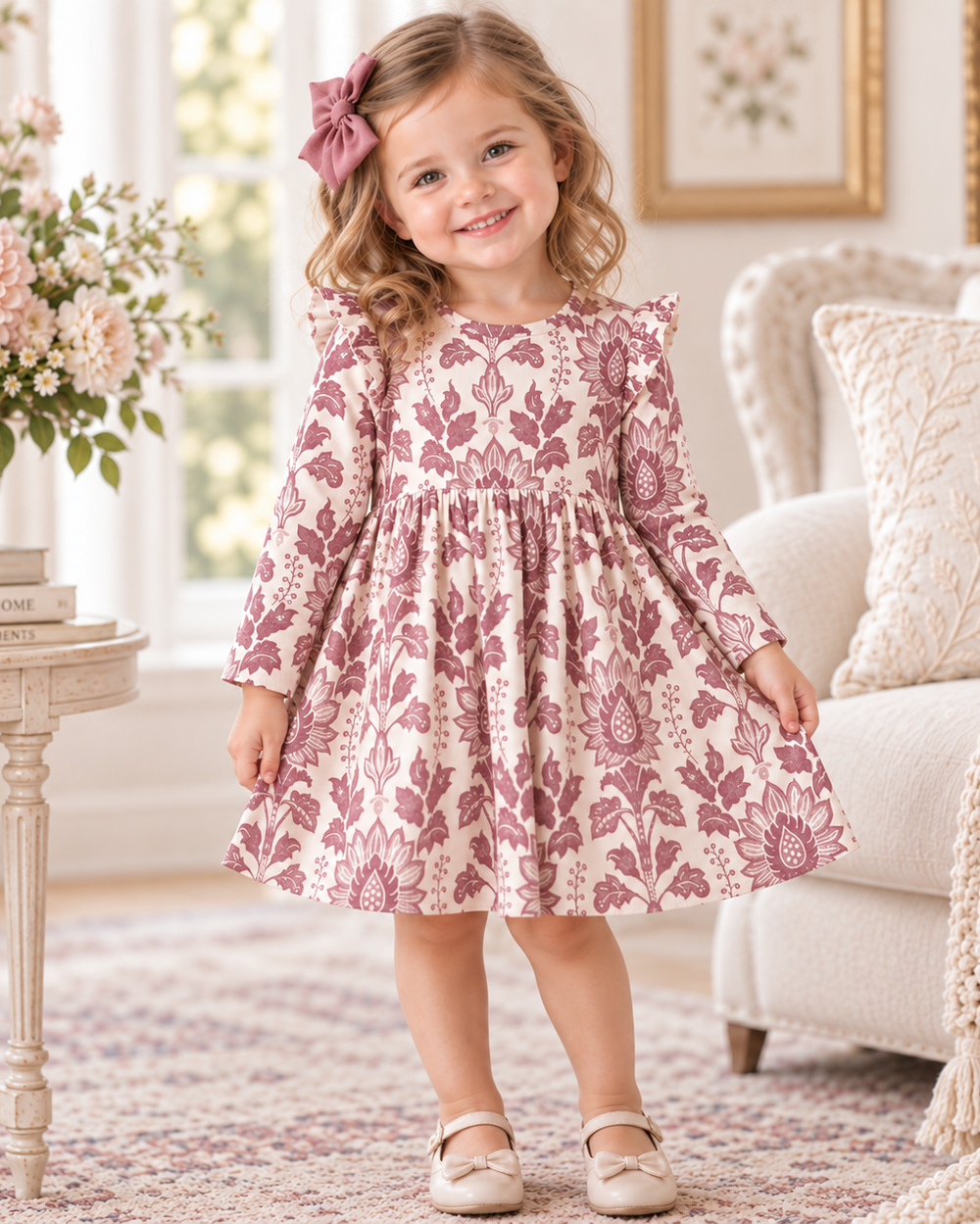 Baby girl floral twirl dress, long sleeves, gathered skirt, bow at back
