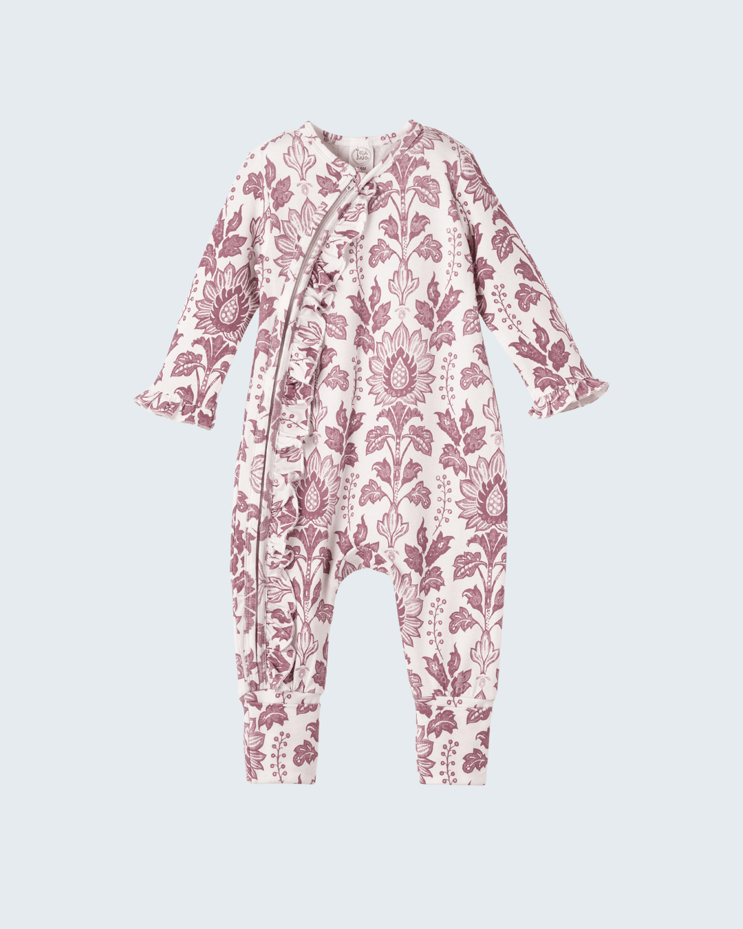 Light pink floral bamboo zipper romper with long sleeves and front zip