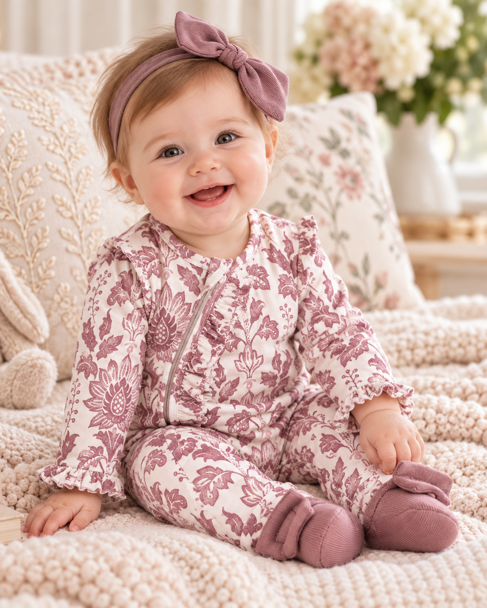 Baby floral tapestry zipper romper, mauve-pink long sleeves and footed legs