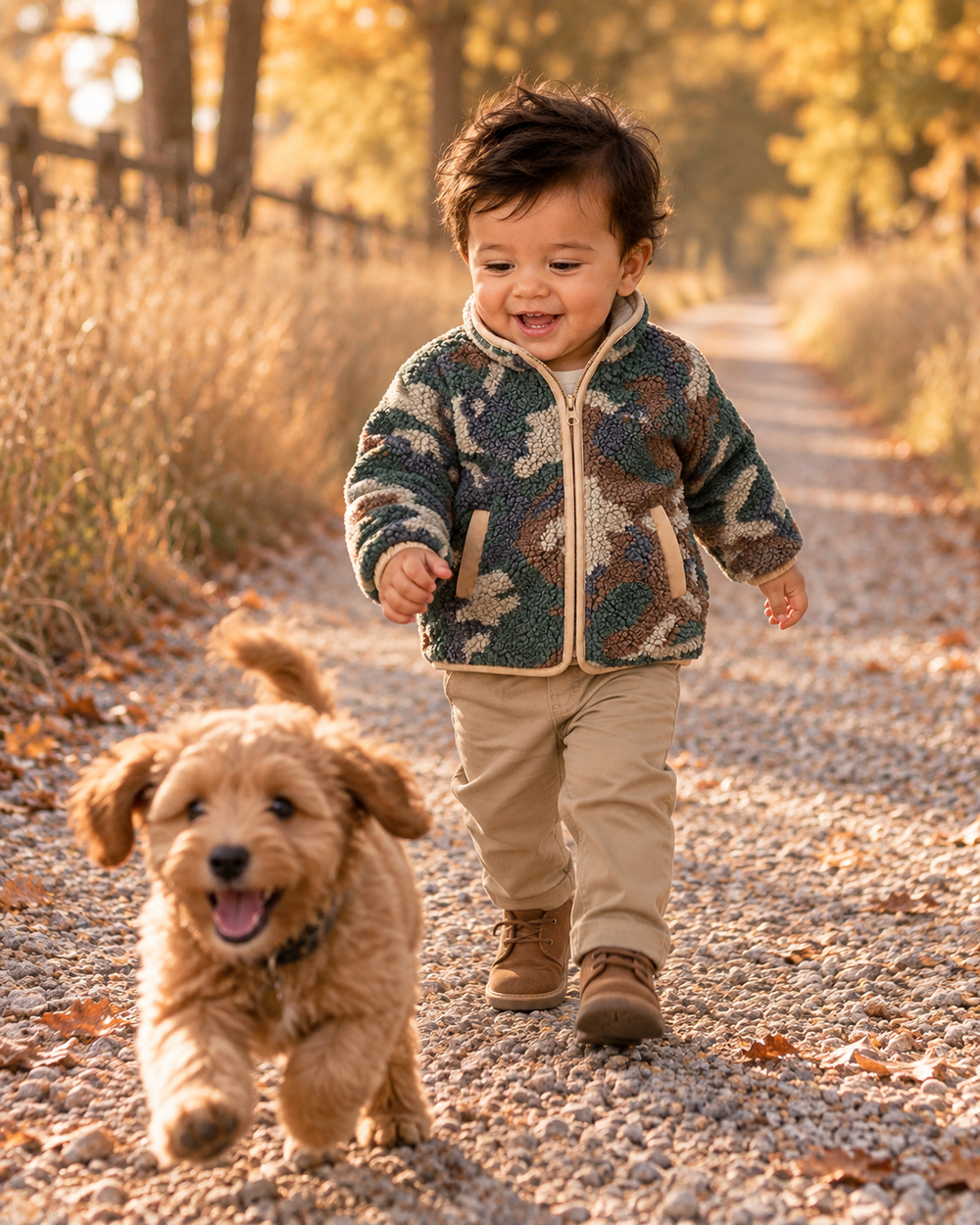 Toddler walking with a dog