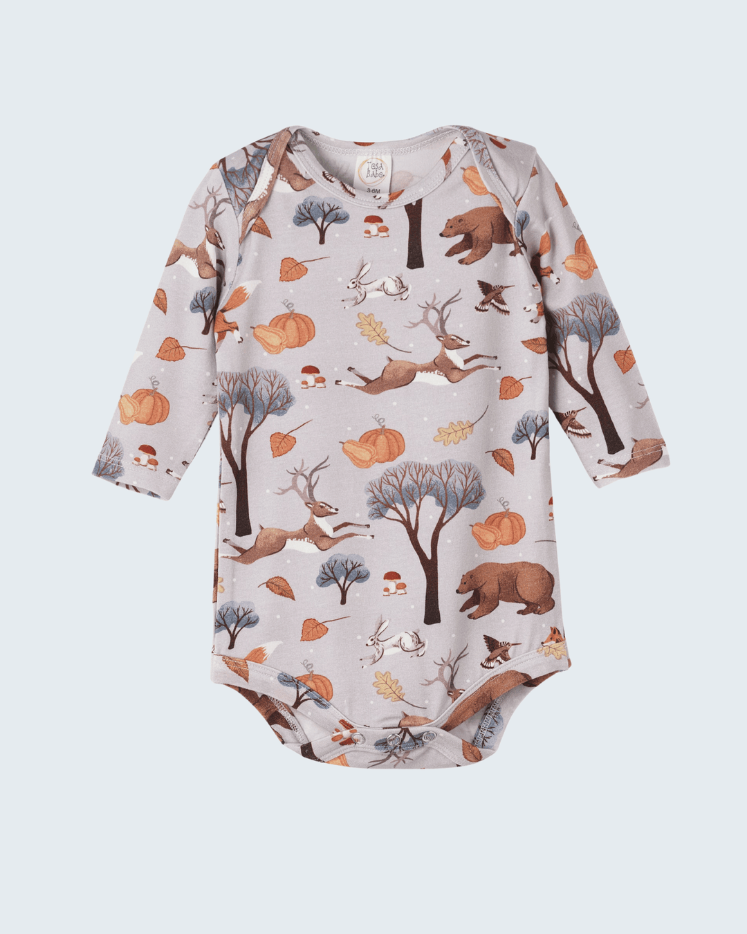 Light gray baby bodysuit with woodland animal and leaf print, long sleeves