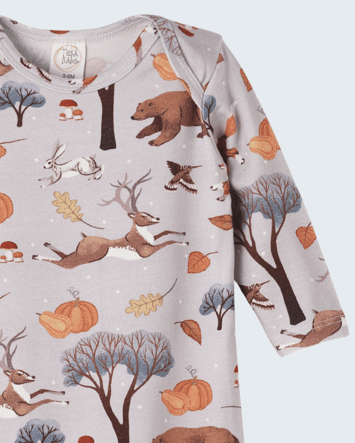 Light gray long-sleeve baby bodysuit with scoop neck and forest animal print