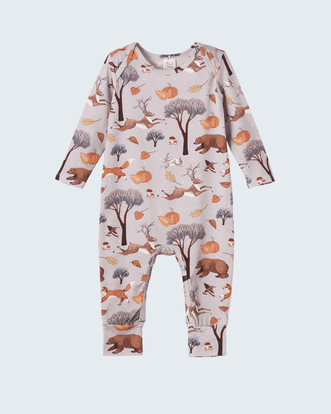 Bamboo romper with long sleeves, crew neck, and forest animal autumn print.