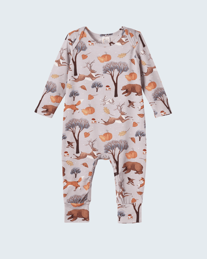Bamboo romper with long sleeves, crew neck, and forest animal autumn print.