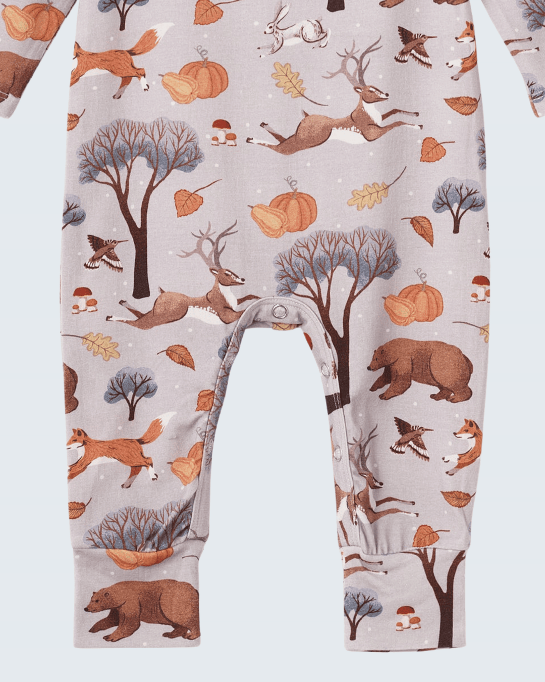 Bamboo romper with forest animal and pumpkin print; snap crotch.
