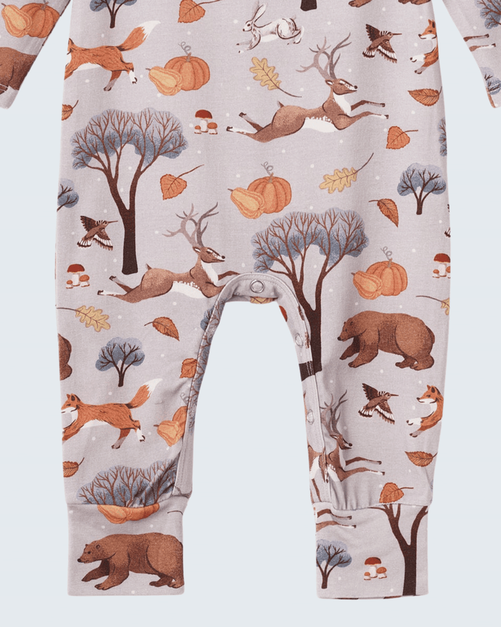 Bamboo romper with forest animal and pumpkin print; snap crotch.