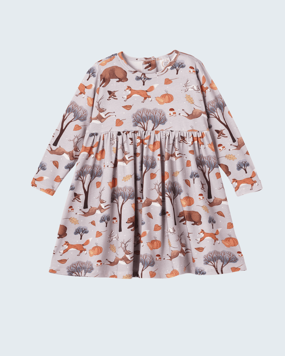Long-sleeve twirl dress, light purple forest animal and pumpkin print, gathered skirt