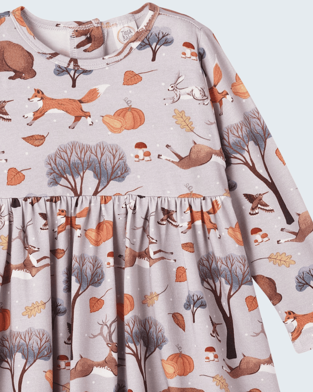 Long-sleeve crew-neck twirl dress, light purple forest print with ruffled waist