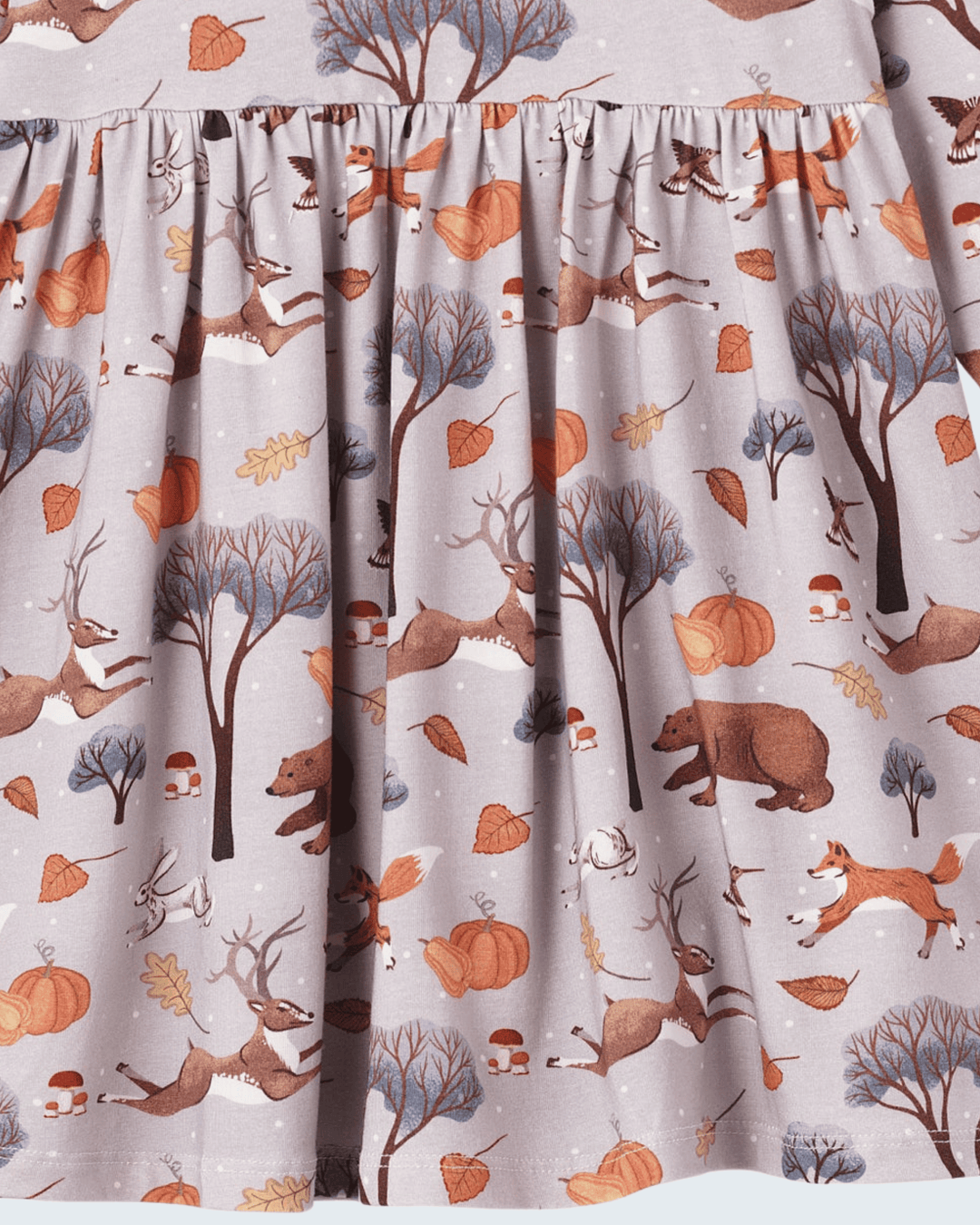 Gathered twirl dress skirt in light purple, forest animal and leaf print