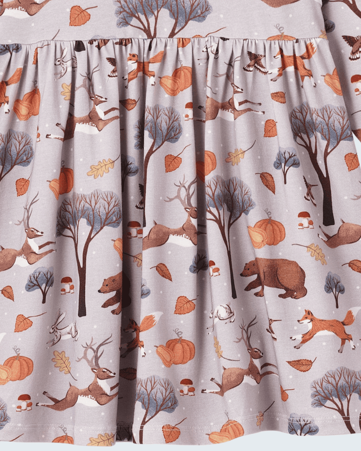 Gathered twirl dress skirt in light purple, forest animal and leaf print