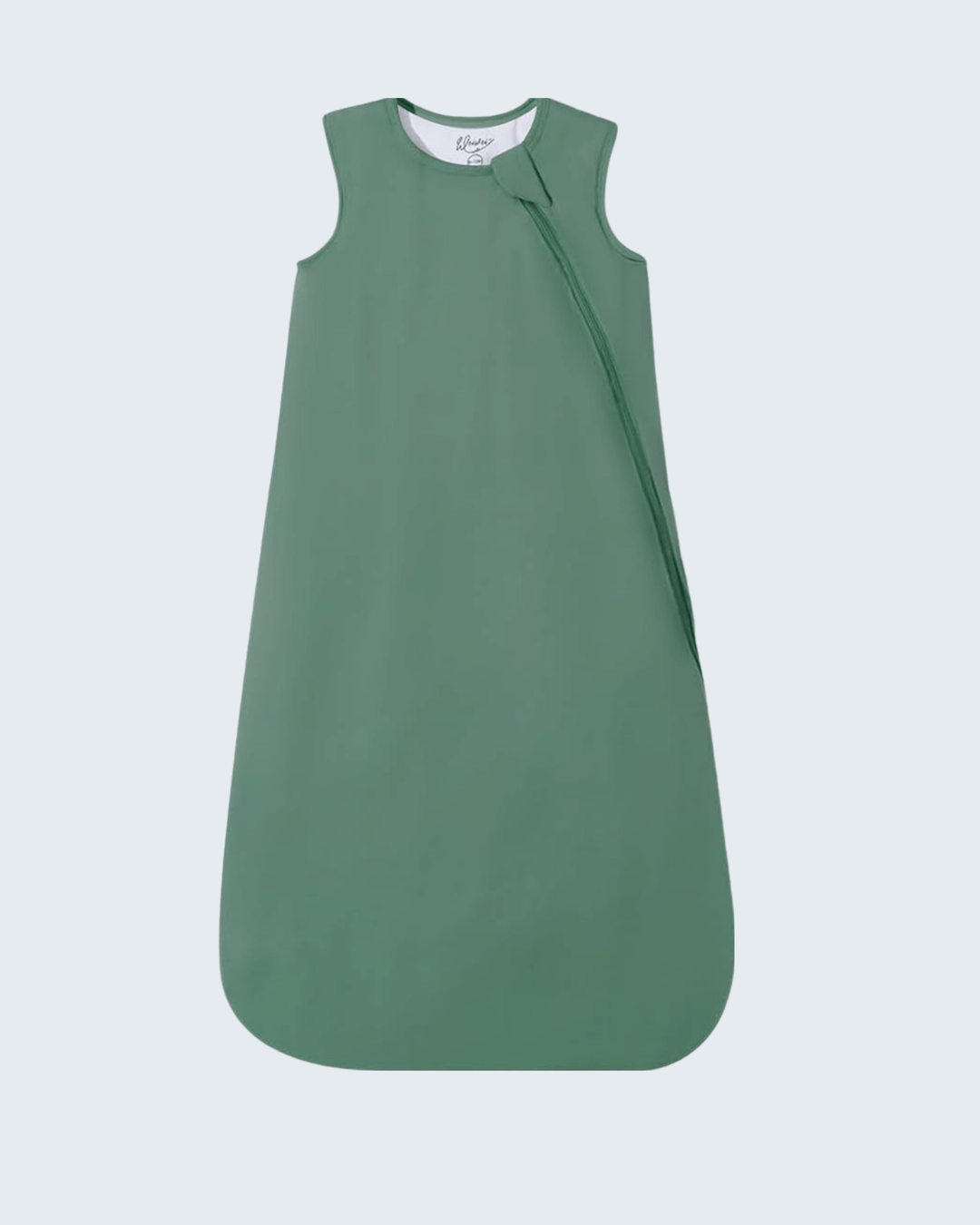 A sage green baby sleep sack with a side zipper, displayed flat against a light gray background.