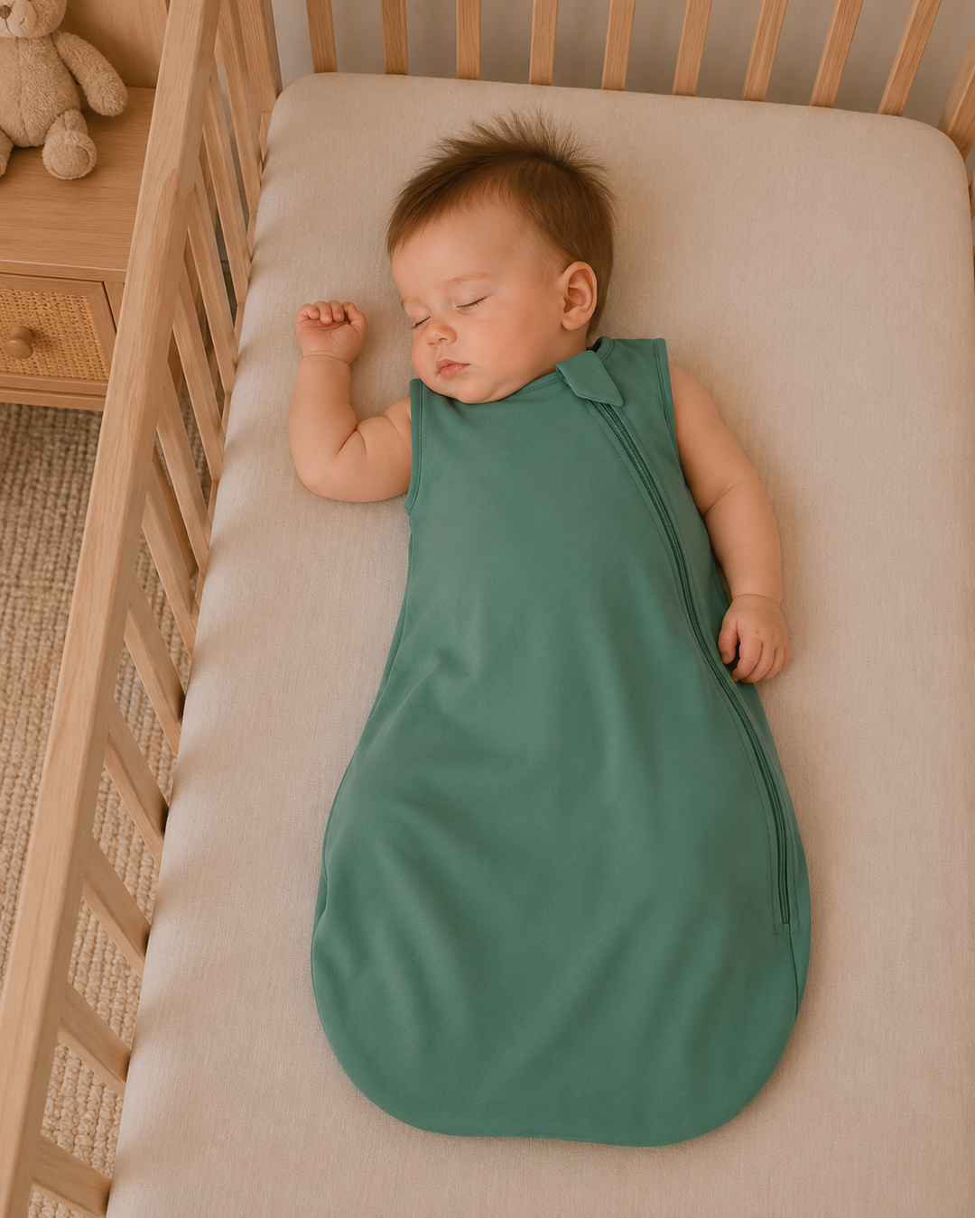 A sleeping baby wearing a sage green sleep sack, lying on a cream-colored mattress inside a light wood crib.