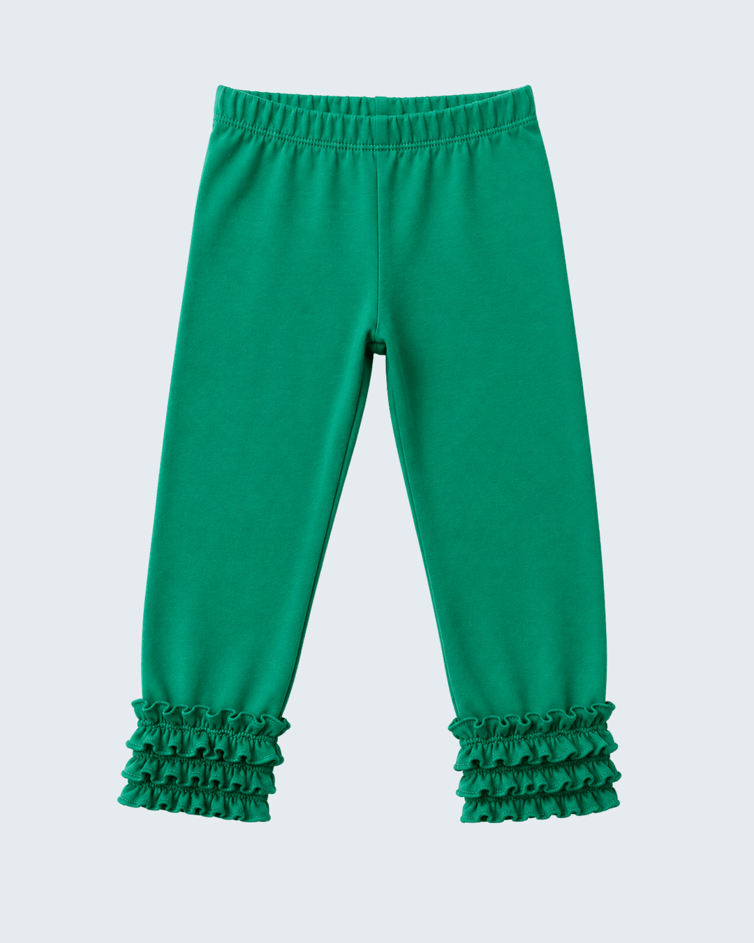 Forest green ruffle cuff leggings with elastic waistband and straight leg fit