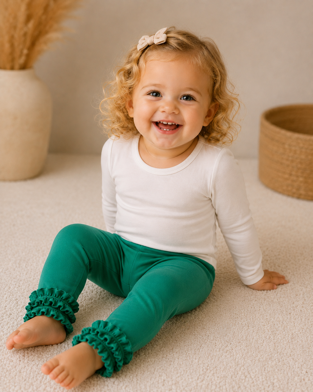 Forest green ruffle ankle leggings on a seated toddler with elastic waistband