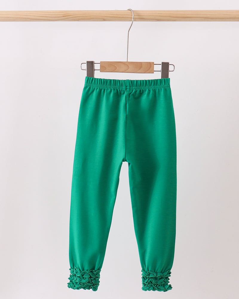 Forest green ruffle ankle leggings with elastic waistband and tapered legs