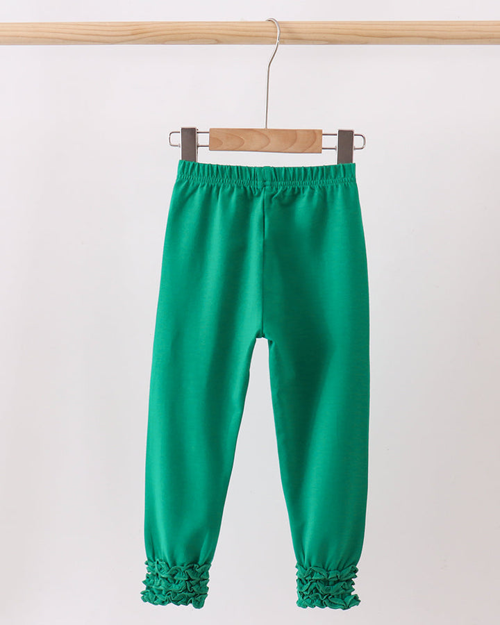 Forest green ruffle ankle leggings with elastic waistband and tapered legs