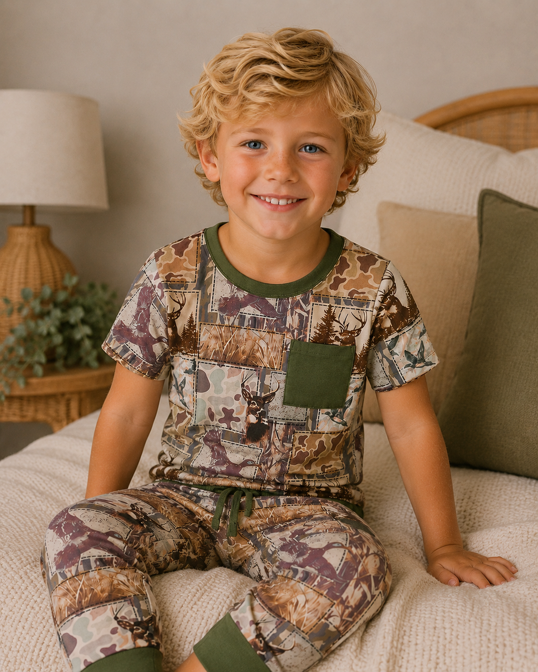 A young boy with blonde curly hair sits on a bed wearing a camouflage print pajama set with green accents. The set features a short-sleeve top with a chest pocket and matching pants.