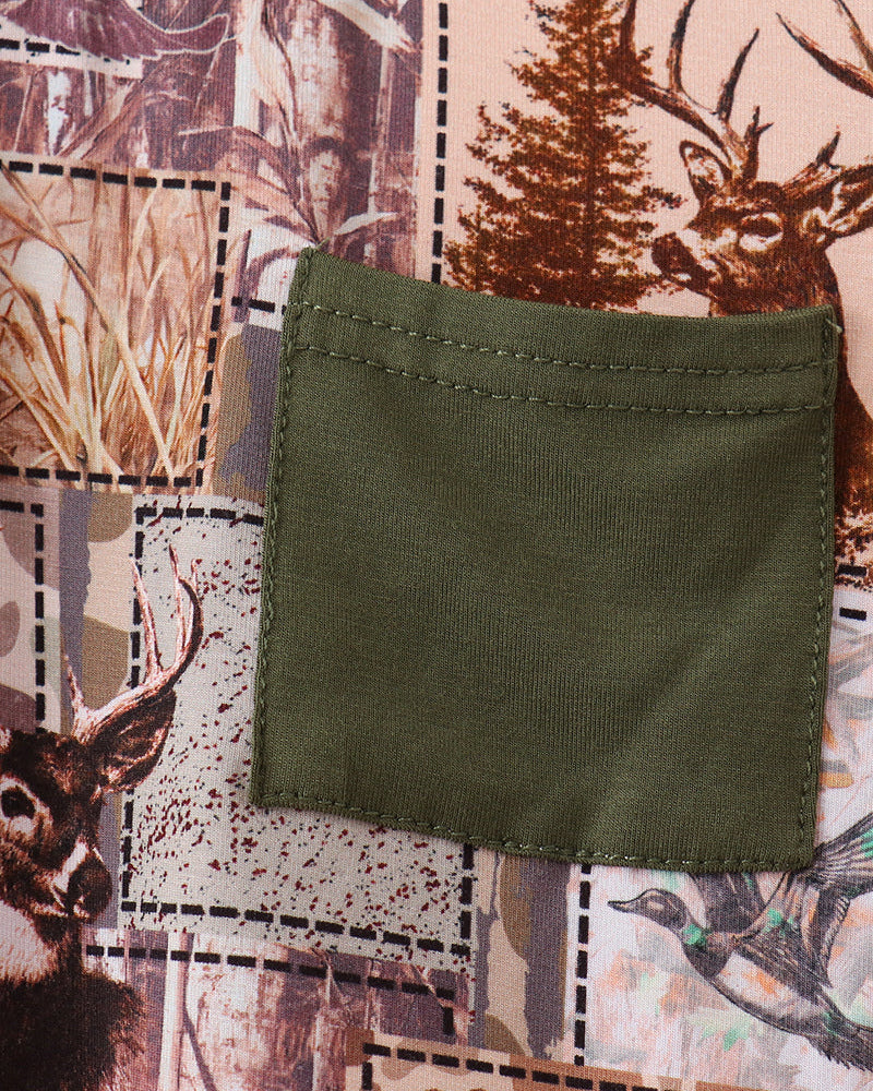 Woodland-print pajama top with olive pocket panel and stitched square design