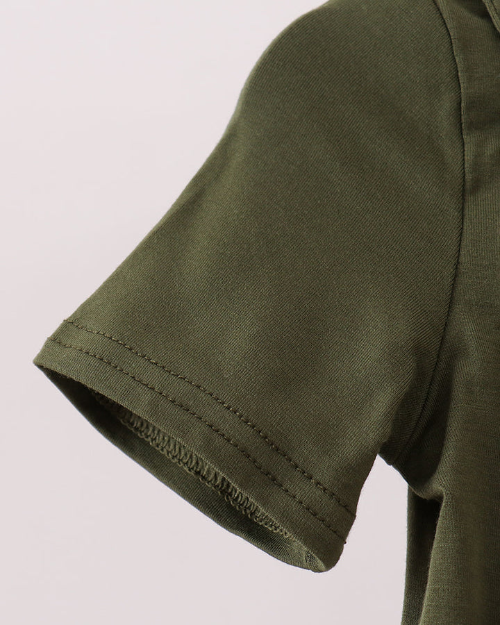 Olive green T-shirt sleeve with stitched hem and crew neckline