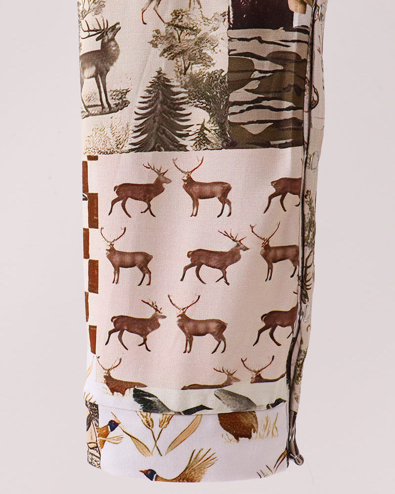 Woodland animal print overalls pant leg with straight cuffs and stitched seams