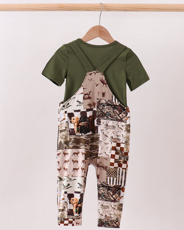 Olive green top and woodland animal print overalls two-piece outfit on hanger