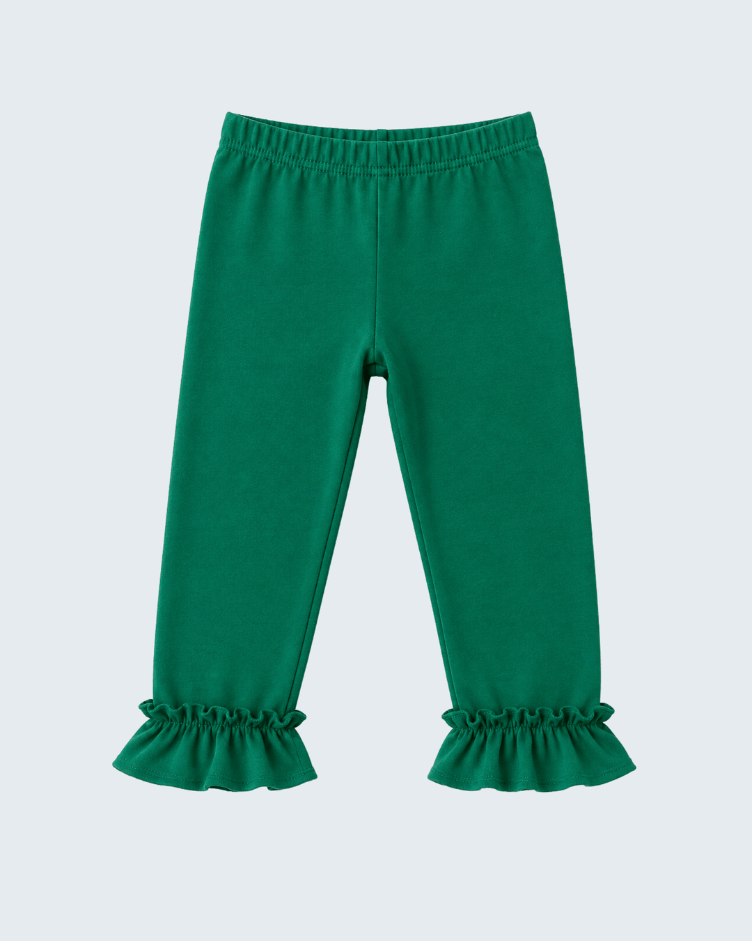 Green pull-on leggings with ruffled ankle cuffs and elastic waist.