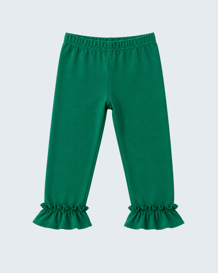 Green pull-on leggings with ruffled ankle cuffs and elastic waist.
