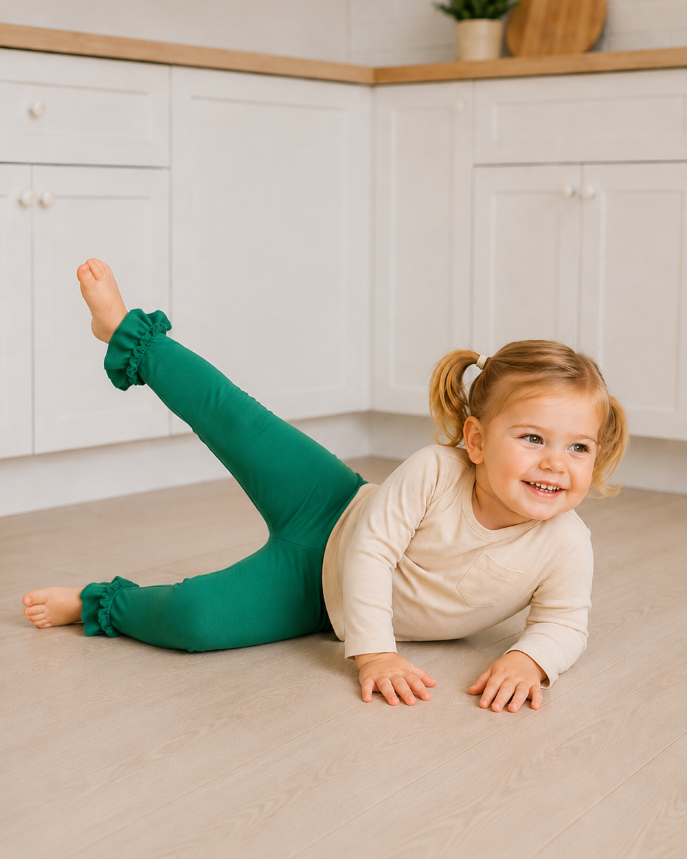 Child wearing green ruffle cuff leggings with elastic waistband.