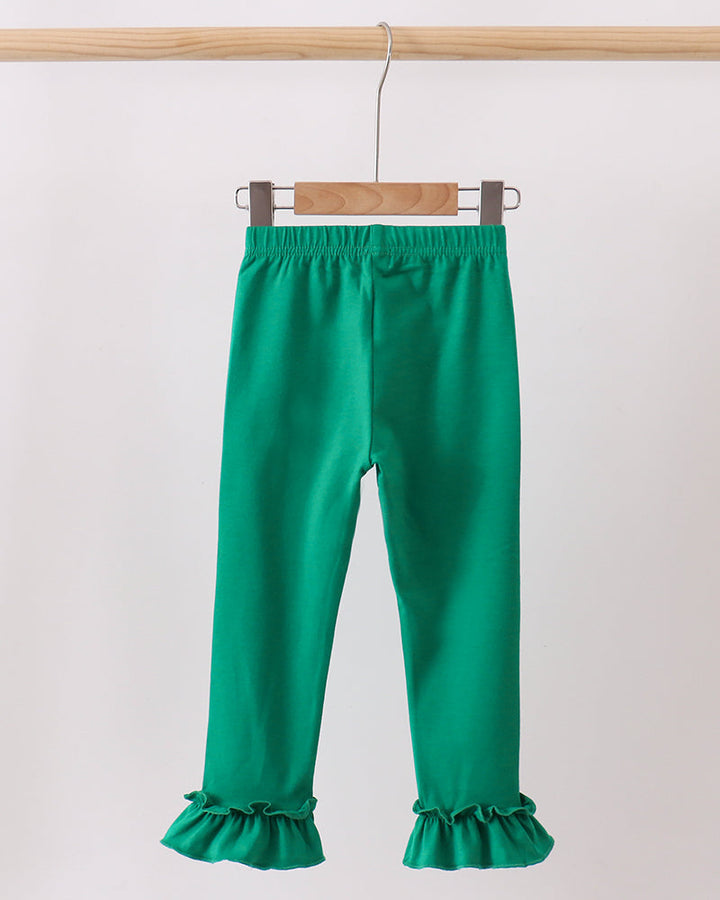Green ruffle cuff leggings on hanger, elastic waistband and straight leg.