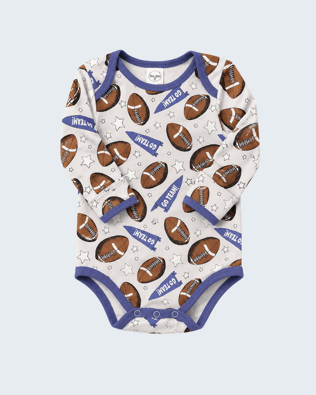 Long-sleeve football print bamboo bodysuit with purple trim and snap closure