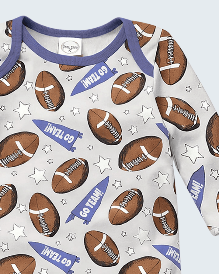 Crewneck long-sleeve football and star print bamboo bodysuit with purple collar trim