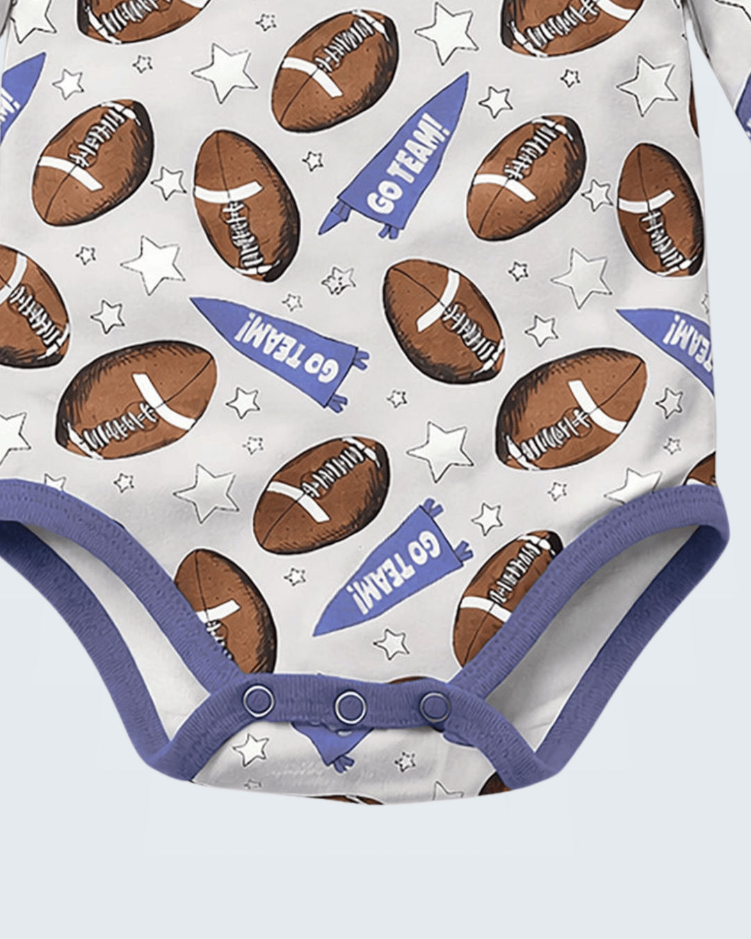 Football and star print bamboo bodysuit with purple snap crotch, long sleeves