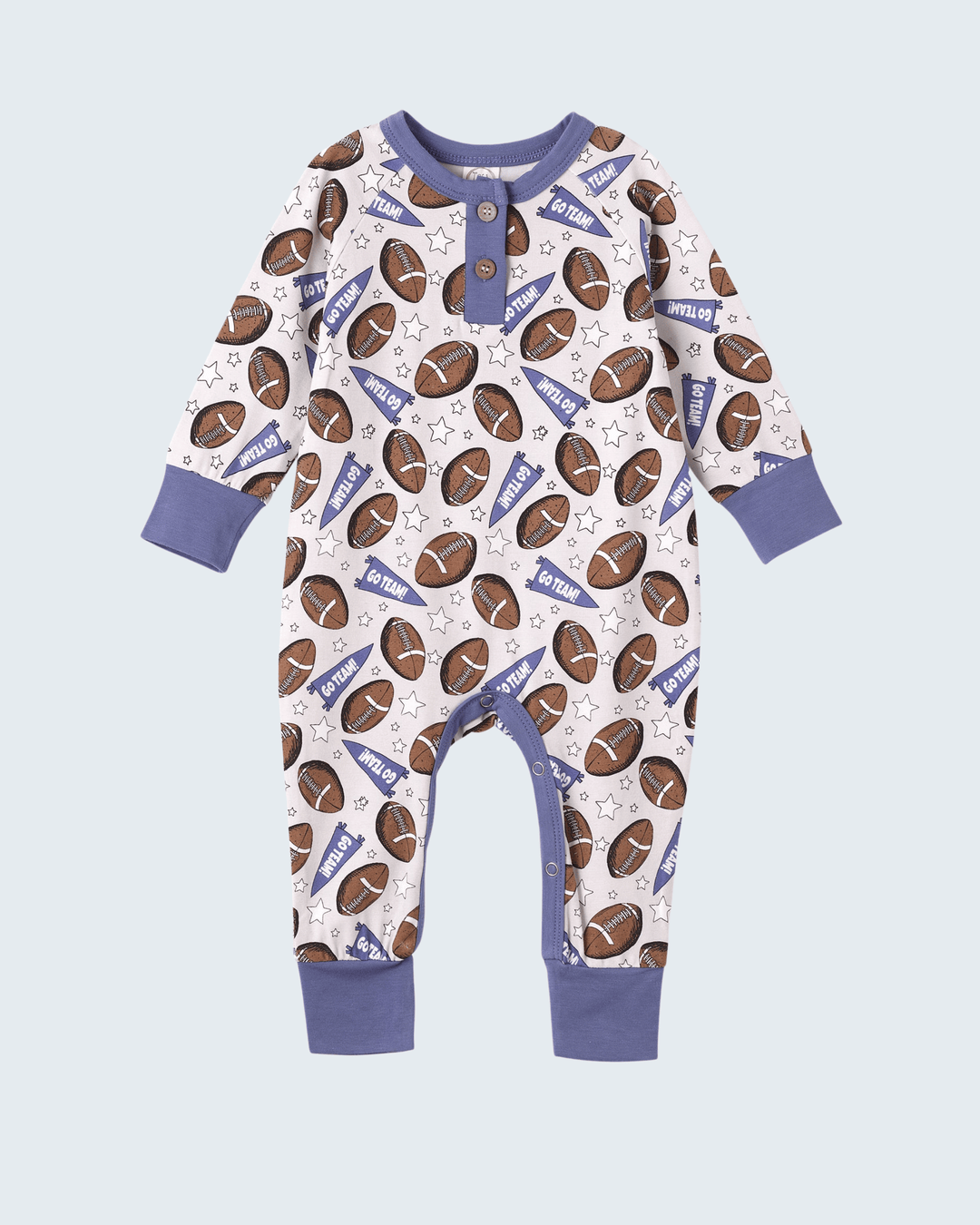 Football-themed bamboo romper with long sleeves, white base, football and star print, snaps