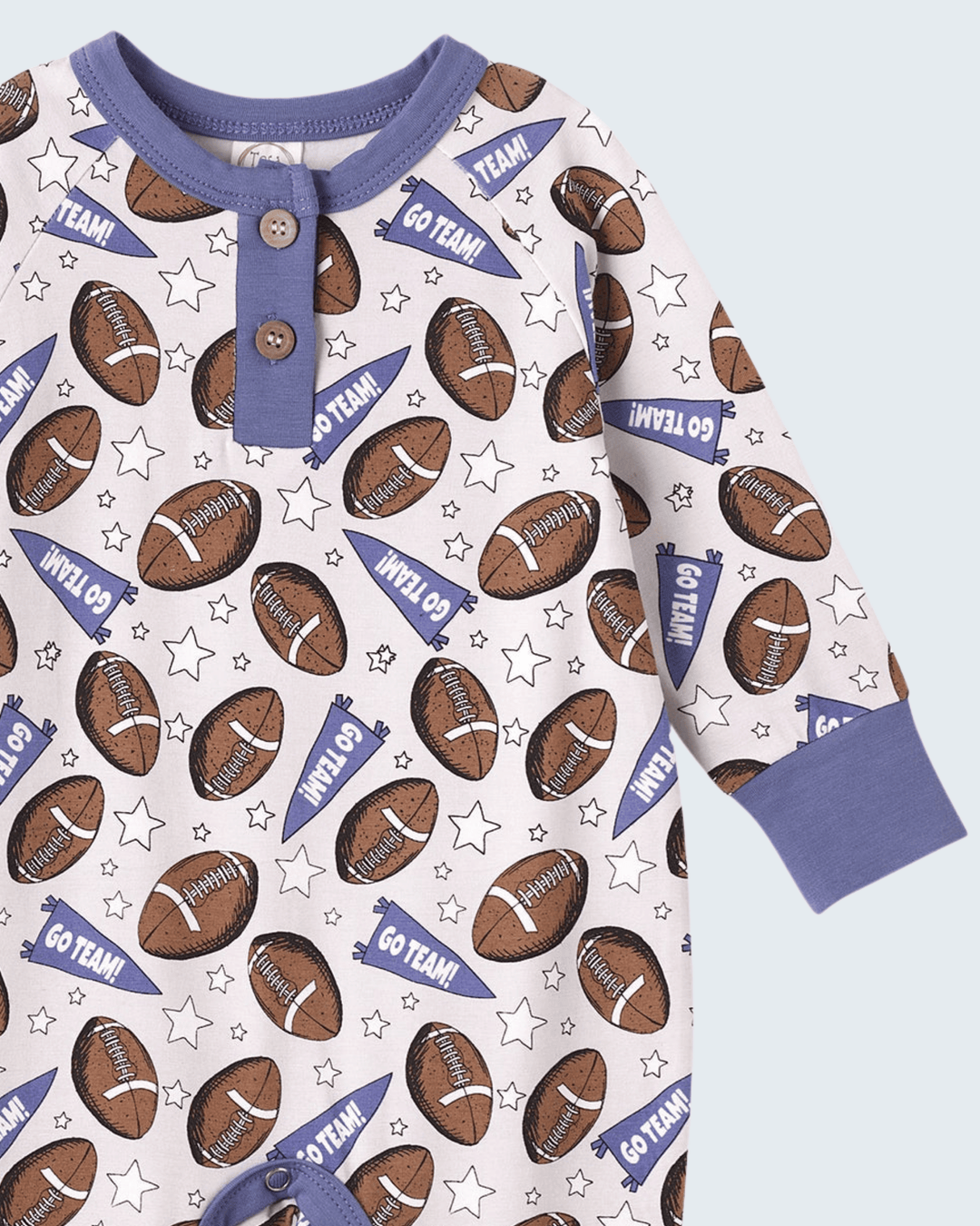 Bamboo romper with football and star pattern, purple collar, two-button placket, long sleeves