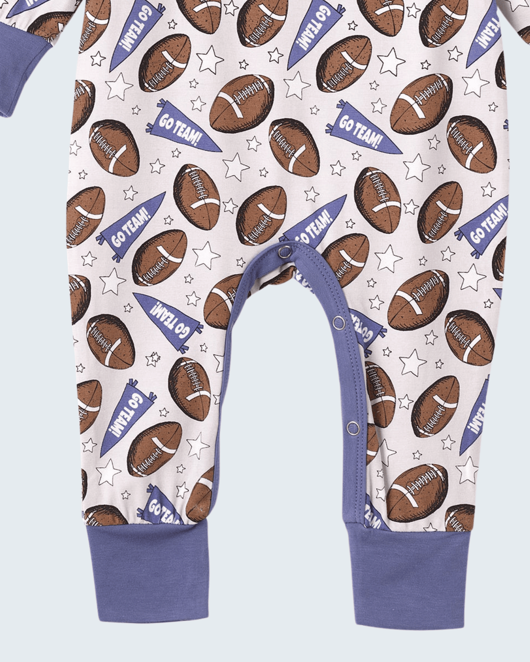 Bamboo romper lower half with football print, snap-crotch opening, purple cuffs and legs
