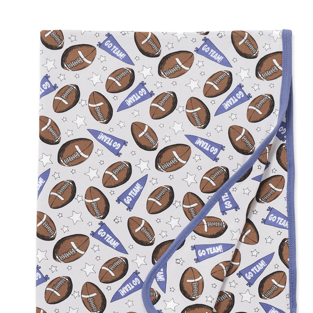 Baby boy bamboo stroller blanket, football and star print with blue trim