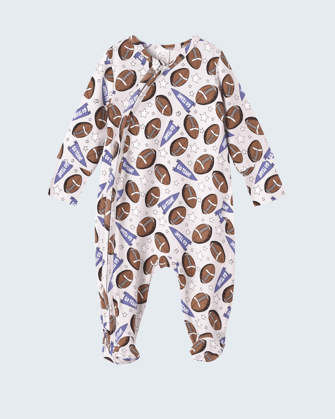 Bamboo zipper romper with football and star print, long sleeves, footed legs