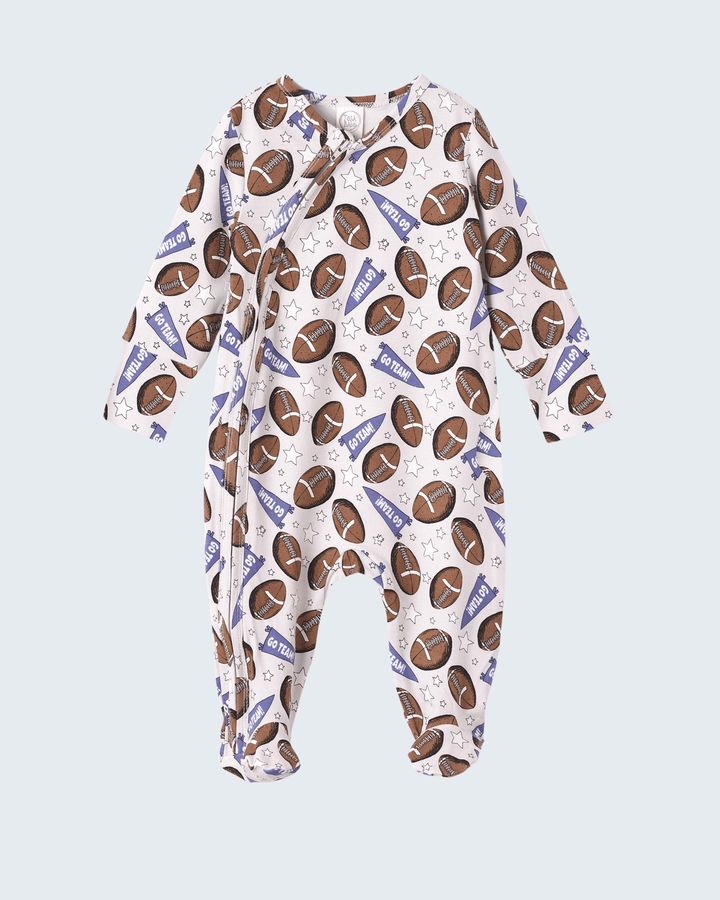 Bamboo zipper romper with football and star print, long sleeves, footed legs