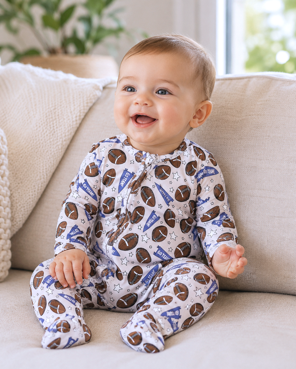 Bamboo zipper baby romper, football print, long sleeves, footed design