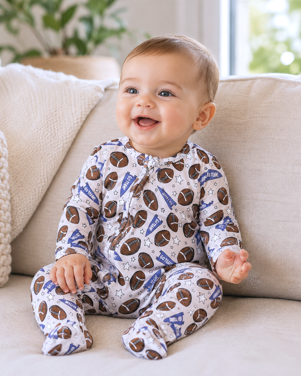 Bamboo zipper baby romper, football print, long sleeves, footed design