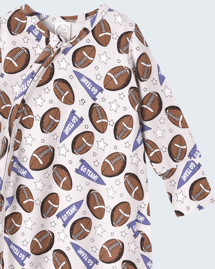 Bamboo zipper romper top with football and star pattern, long sleeves