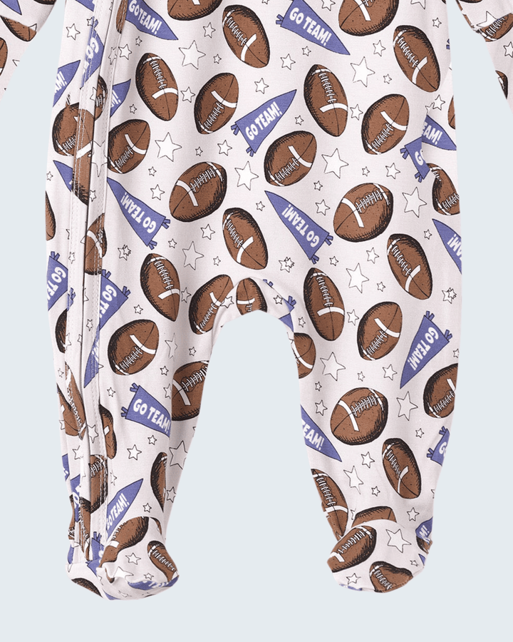 Football star print bamboo zipper romper, close-up of long legs and front zip