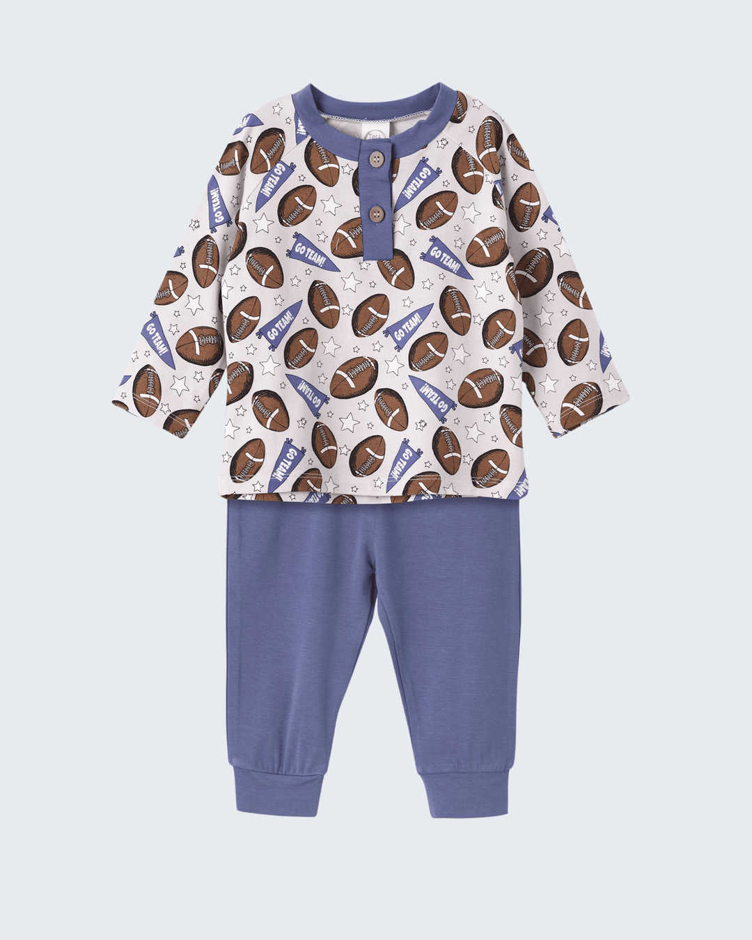 Football henley pants set with allover football print top and blue pull-on pants
