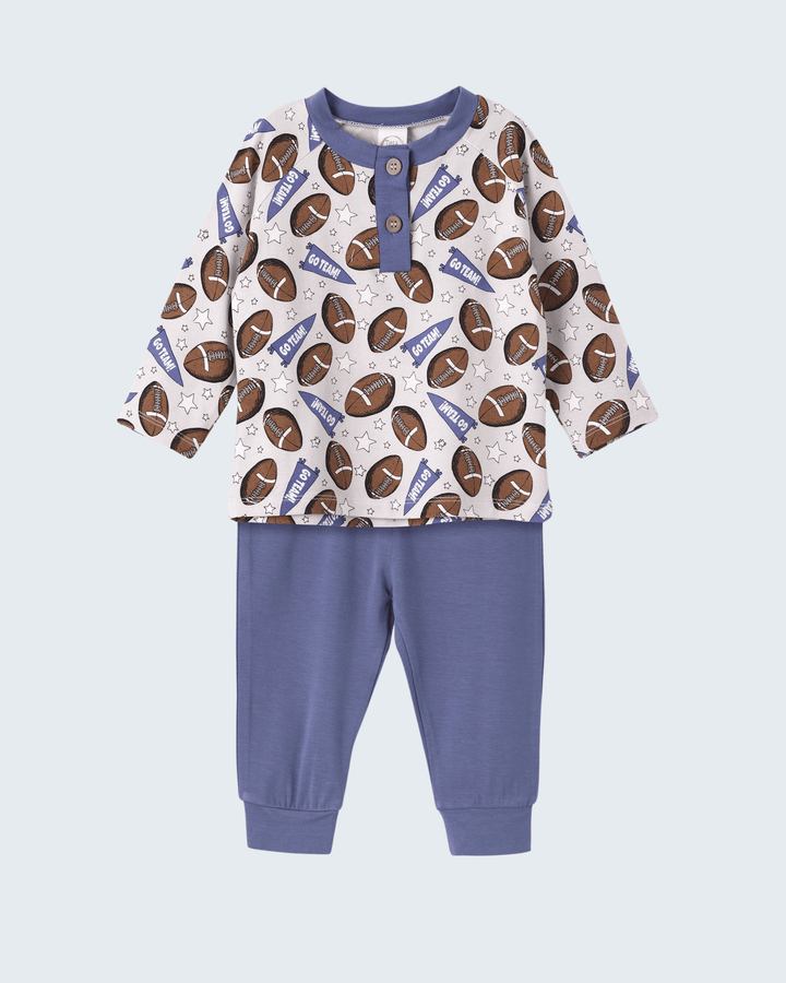Football henley pants set with allover football print top and blue pull-on pants