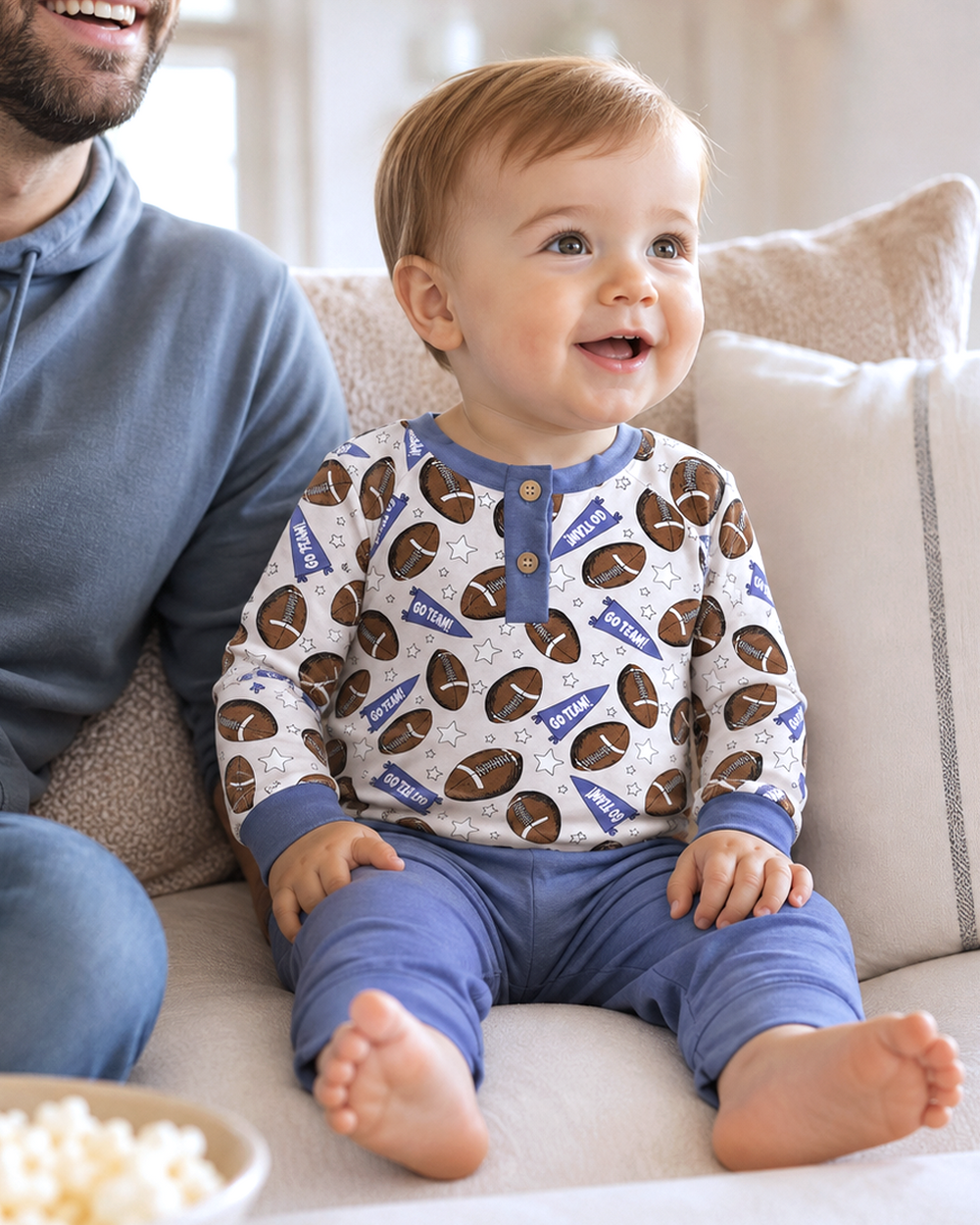 Baby boy football print henley shirt and blue pants set, long sleeves