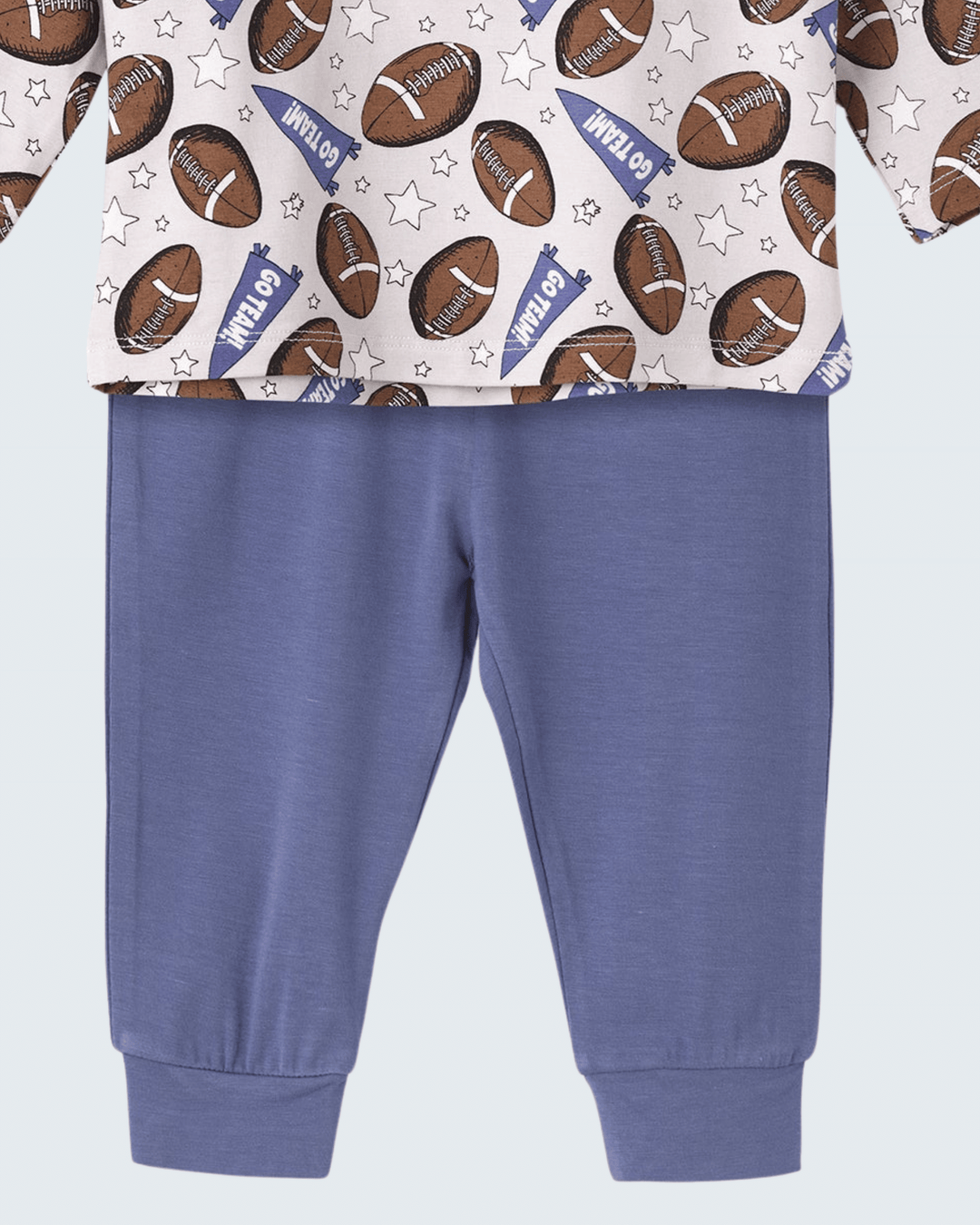Blue pull-on pants with wide waistband and cuffs