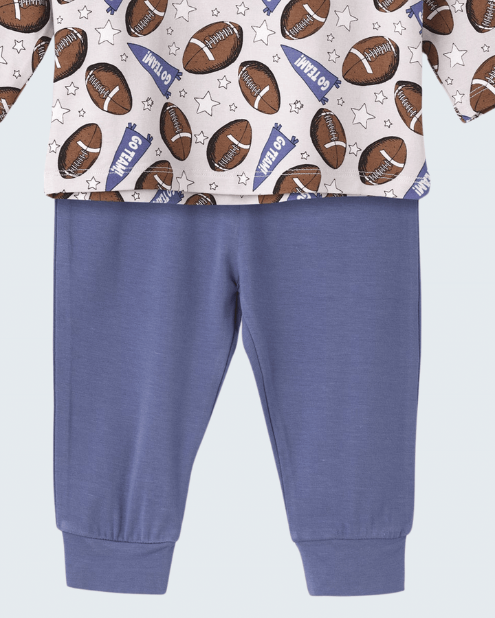 Blue pull-on pants with wide waistband and cuffs