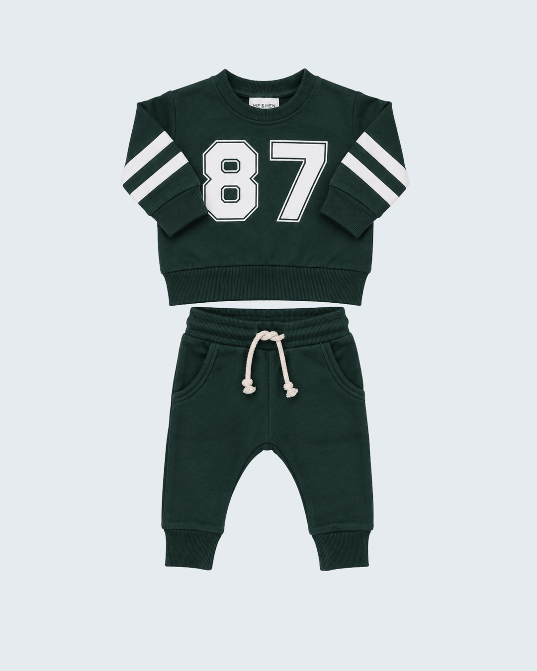 Dark green French terry sweatshirt and jogger set with 87 front graphic