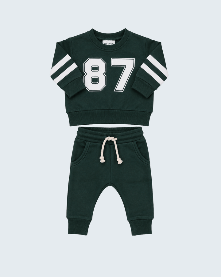 Dark green French terry sweatshirt and jogger set with 87 front graphic